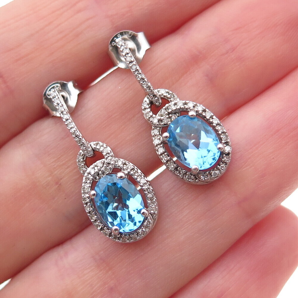 Alwand Vahan 925 Sterling Silver Real Diamond & Blue Topaz Dangle Earrings